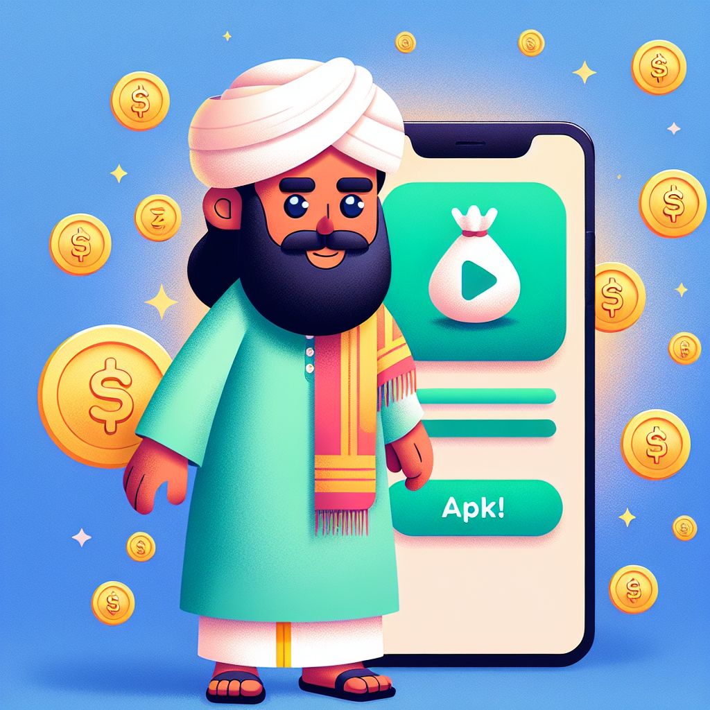 BGD1111 cartoon character holding a smartphone with app download icons and coins