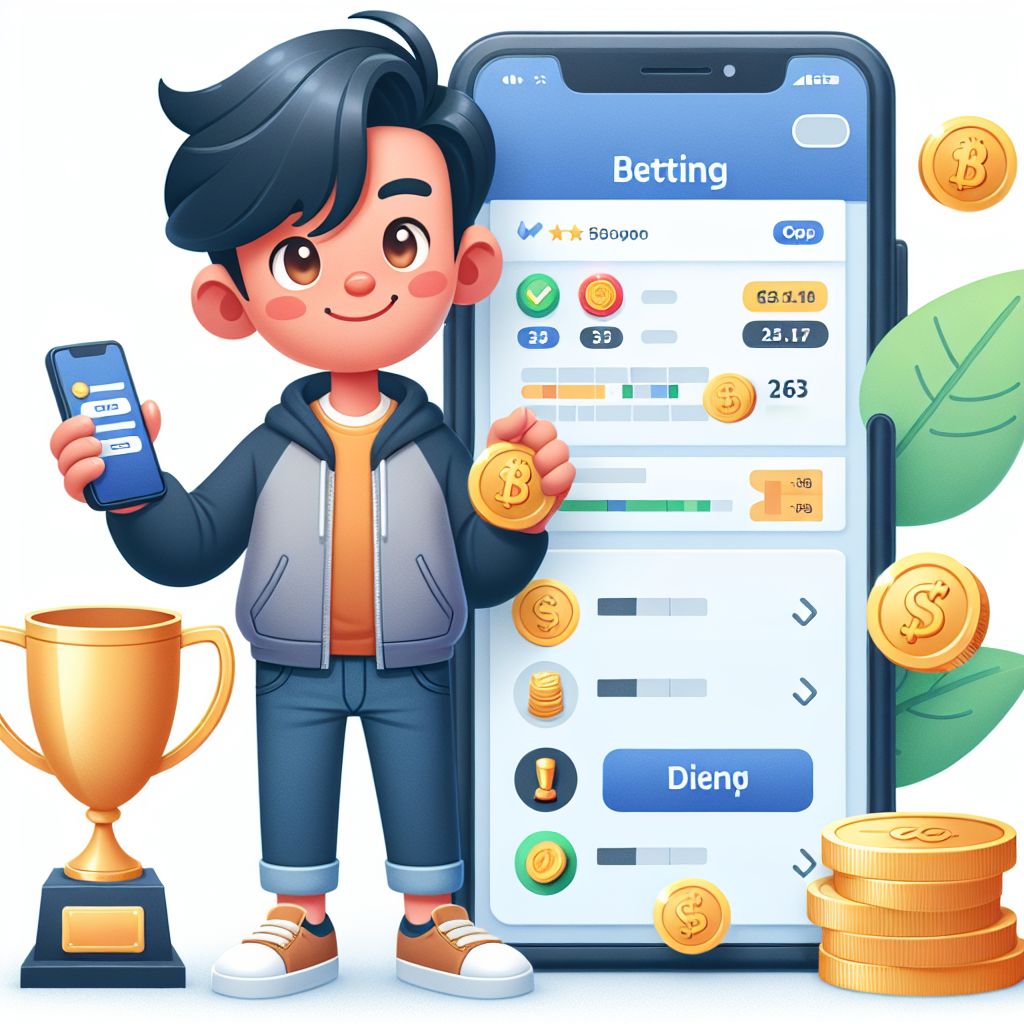 BGD1111 bet cartoon character holding a phone with betting slip and coins