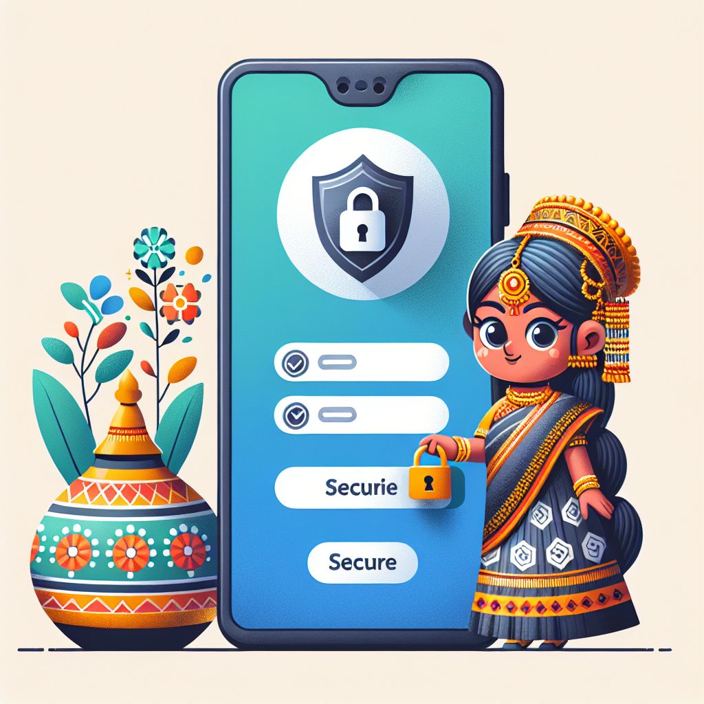 Cartoon character holding a phone with a secure login screen and shield icons