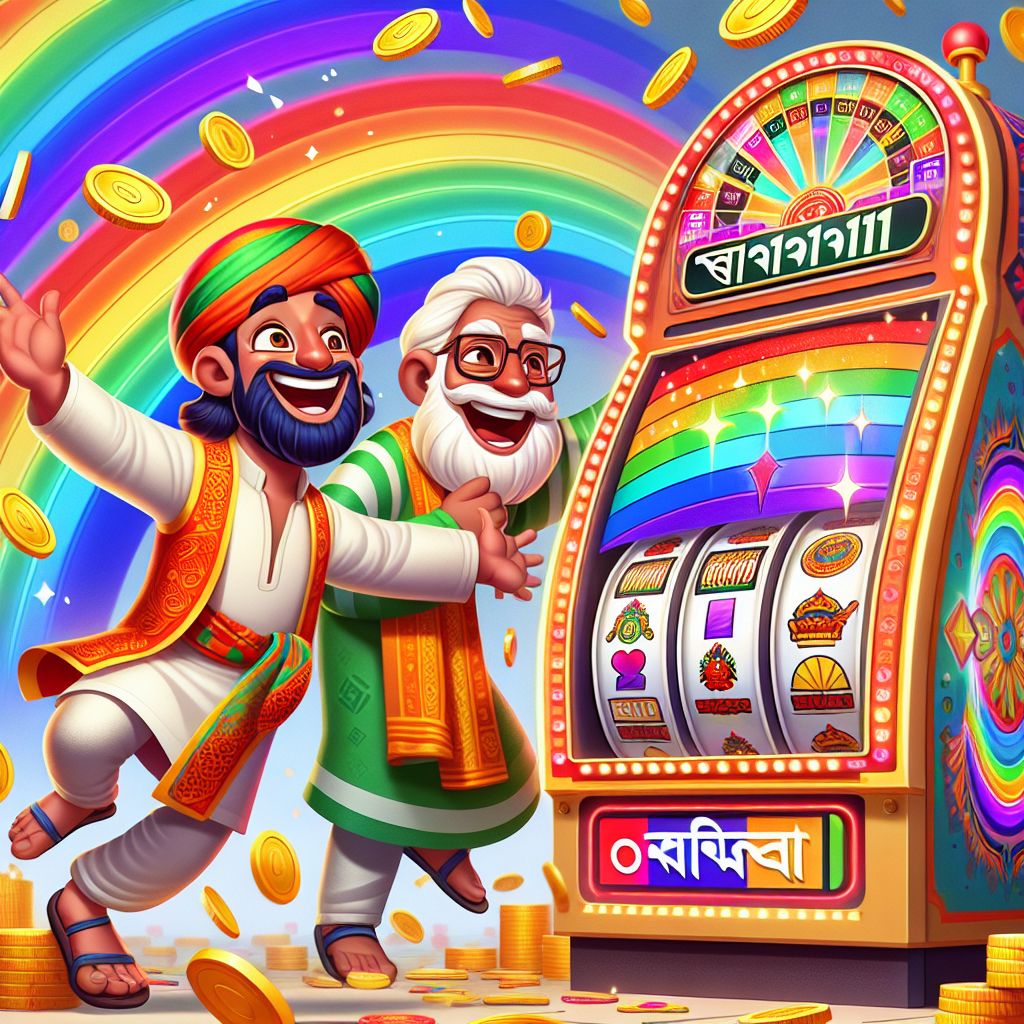 BGD1111 themed cartoon character spinning a slot reel with coins and jackpot lights